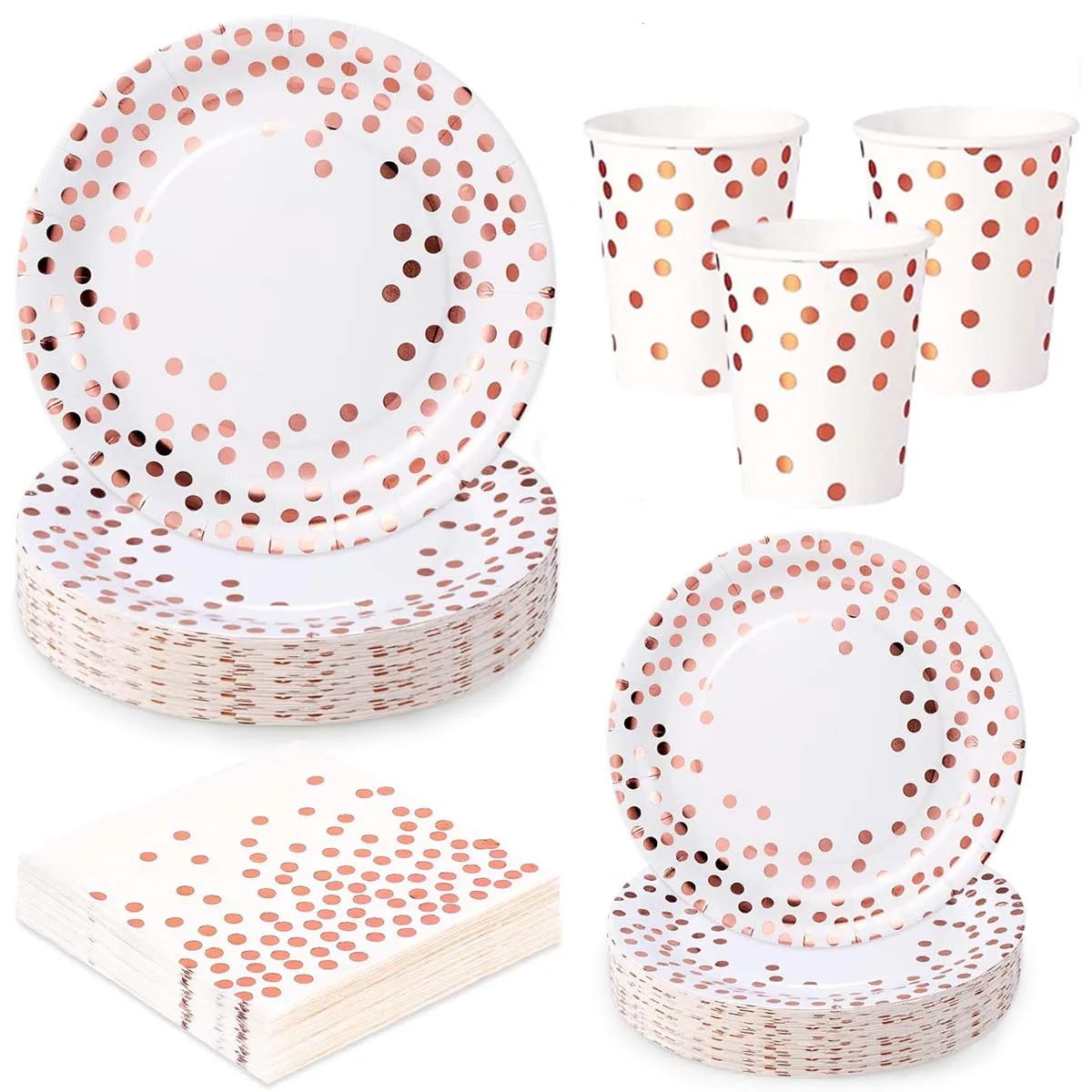 Besteckset aus Weiß-Roségold, einschließlich Einweg-Pappteller, Servietten, Pappbecher, geeignet für Geburtstage, Hochzeiten, Partys.