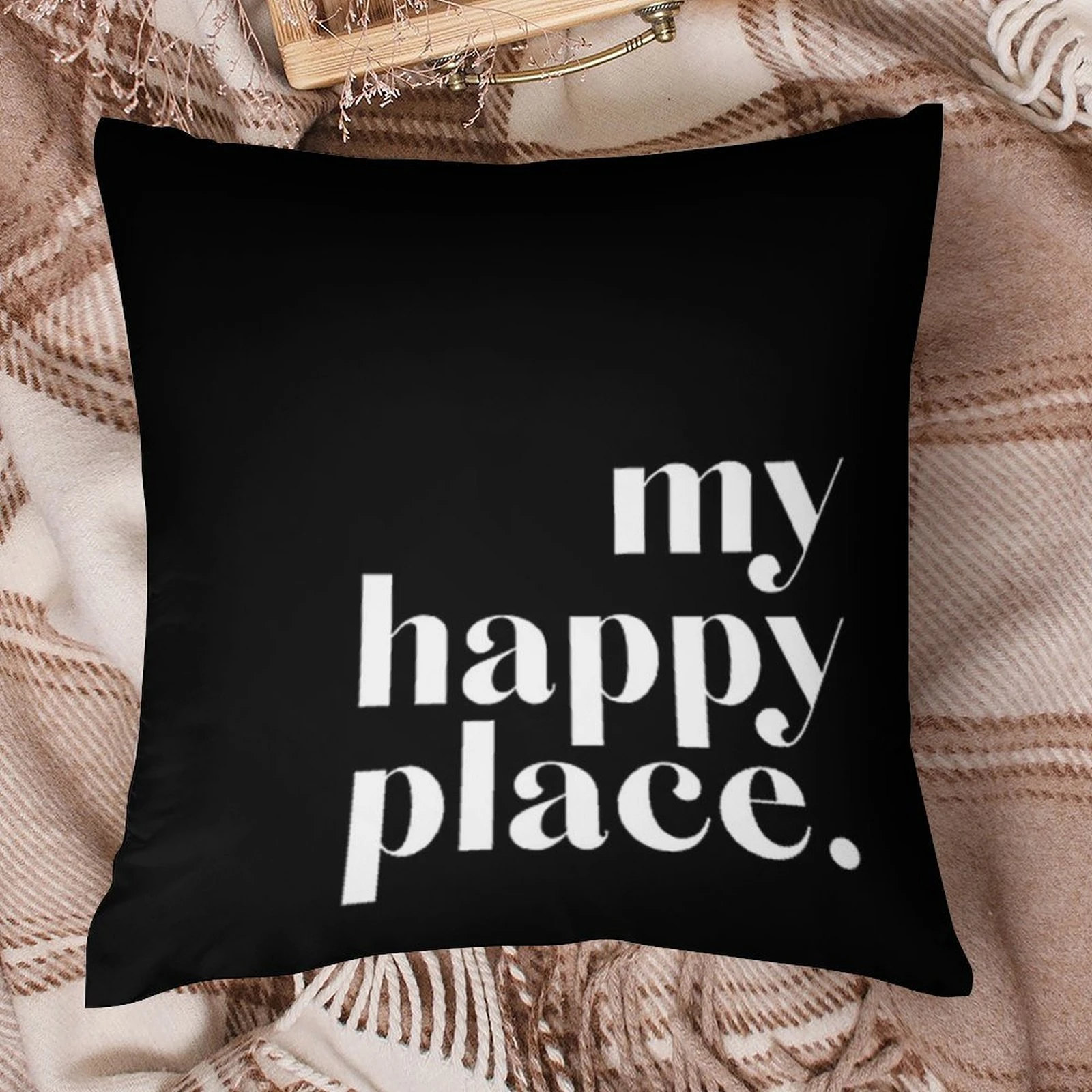 1pc My Happy Place Quote Pillow Cover, Polyester 2D Double Sided Print Cushion Case, Inspirational Text Throw Pillowcase, Motiva