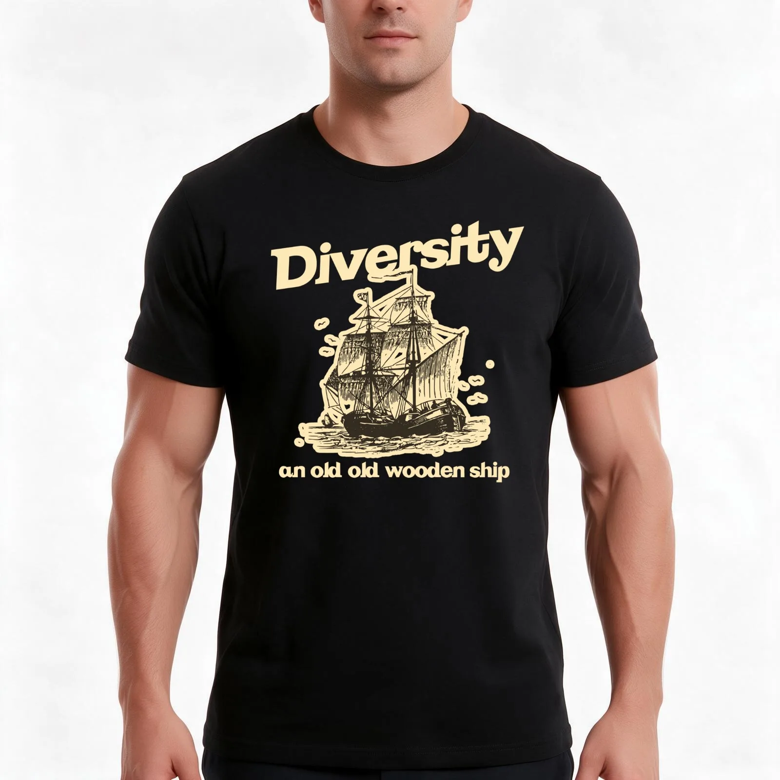 Diversity, an Old Old Wooden Ship T-Shirt, Summer Casual Cotton Tee, Oversized Streetwear Tops, Vintage Graphic Print