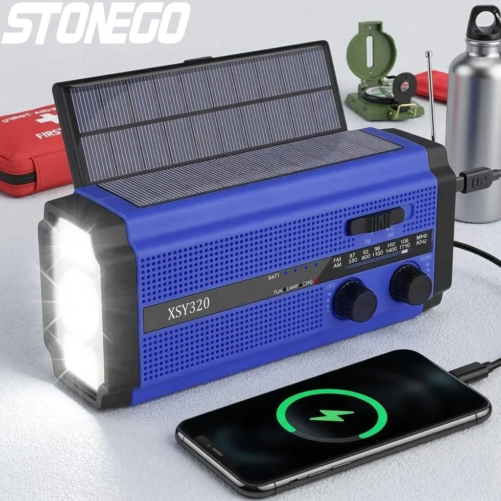 Portable Solar Emergency Radio AMFM with 5000mAh Power Bank LED Torch and SOS Alarm for Camping Hiking Outdoor Use