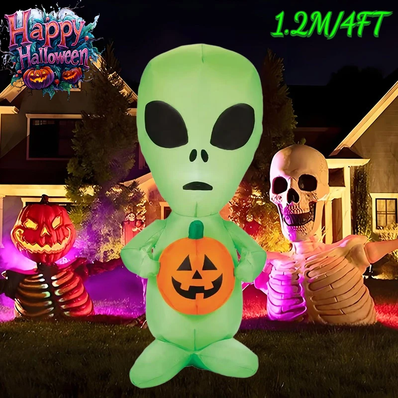 4FT opblaasbaar speelgoed Alien met pompoen Halloween-decoraties LED-verlichte opblaasbare kerstbenodigdheden voor feest binnen buiten