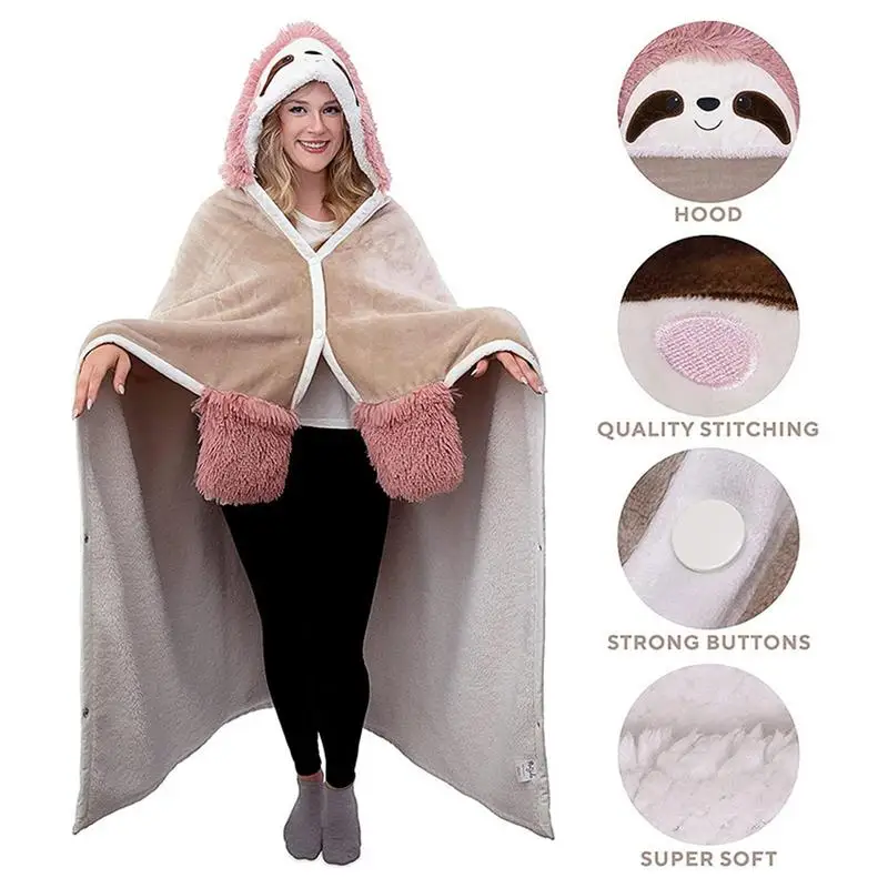 Coperta con cappuccio Cartoon donna coperta invernale con cappuccio indossabile per la famiglia morbida coperta TV con guanti coperta con cappuccio in flanella