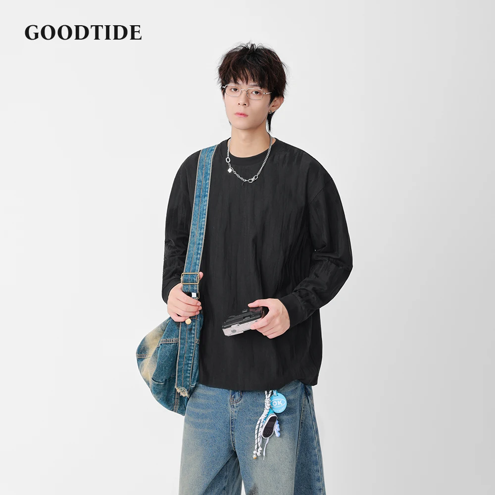 Fashion Men's Casual Long Sleeve T - Shirt 2025 Spring Autumn Textured Design and Crew Neck Loose Fit Style Comfortable Top