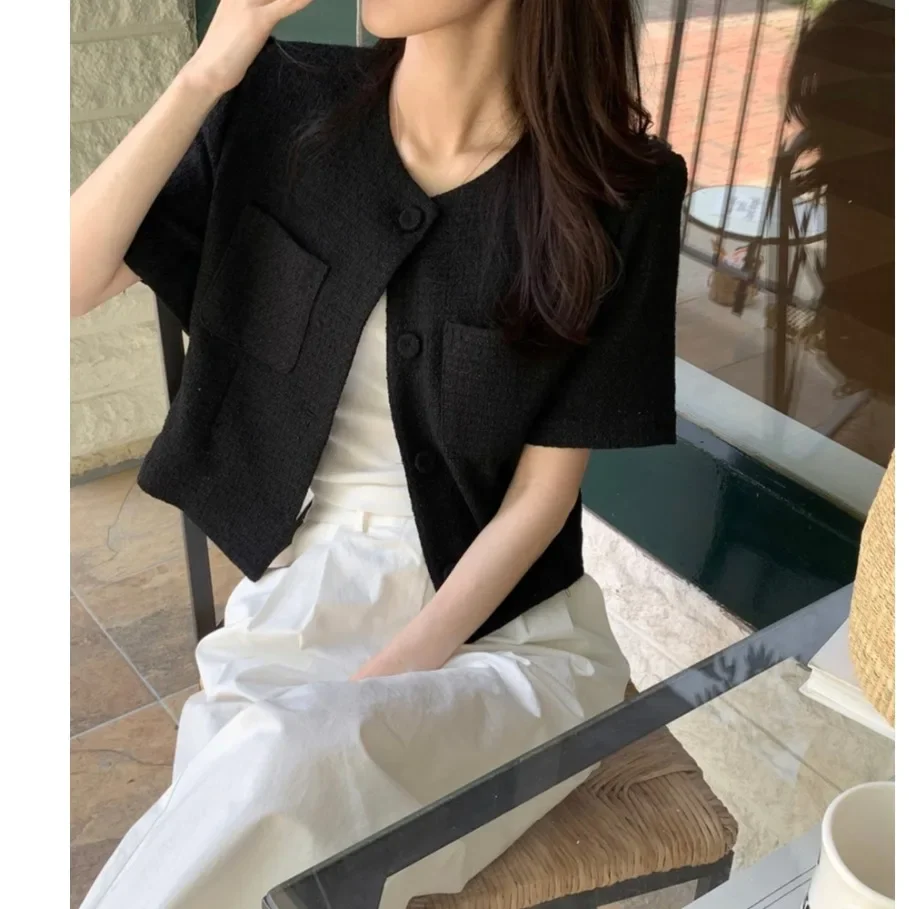 Slimming Plaid Open Cardigan Women's Commute Cotton Blend Spring Season Single Button Closure