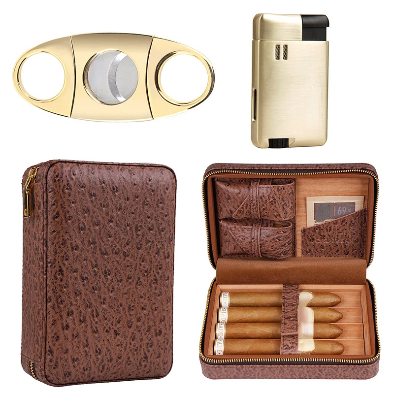 

Ostrich-patterned Cedar Wood Portable Humidor with Cigar Cutter Lighter Four Sticks Portable Cigar Case Box Pocket Gift