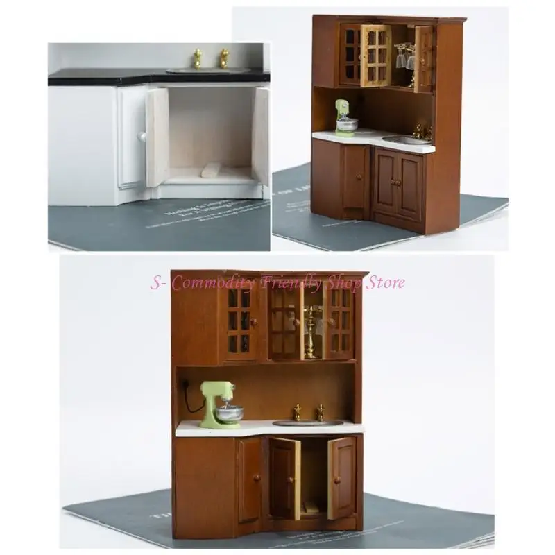 

85AE 1/12 Dollhouses Kitchen Cabinet Miniature Furniture with Sink Craft Project Model Kitchen Room Scene Decorative Accessory