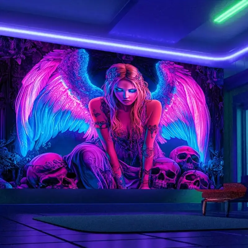 VIKAMA Wall Tapestry Dark Fallen Angel Skull UV Tapestry Black Light Lamp Pink Purple Neon Printing Print Tapestry Hanging