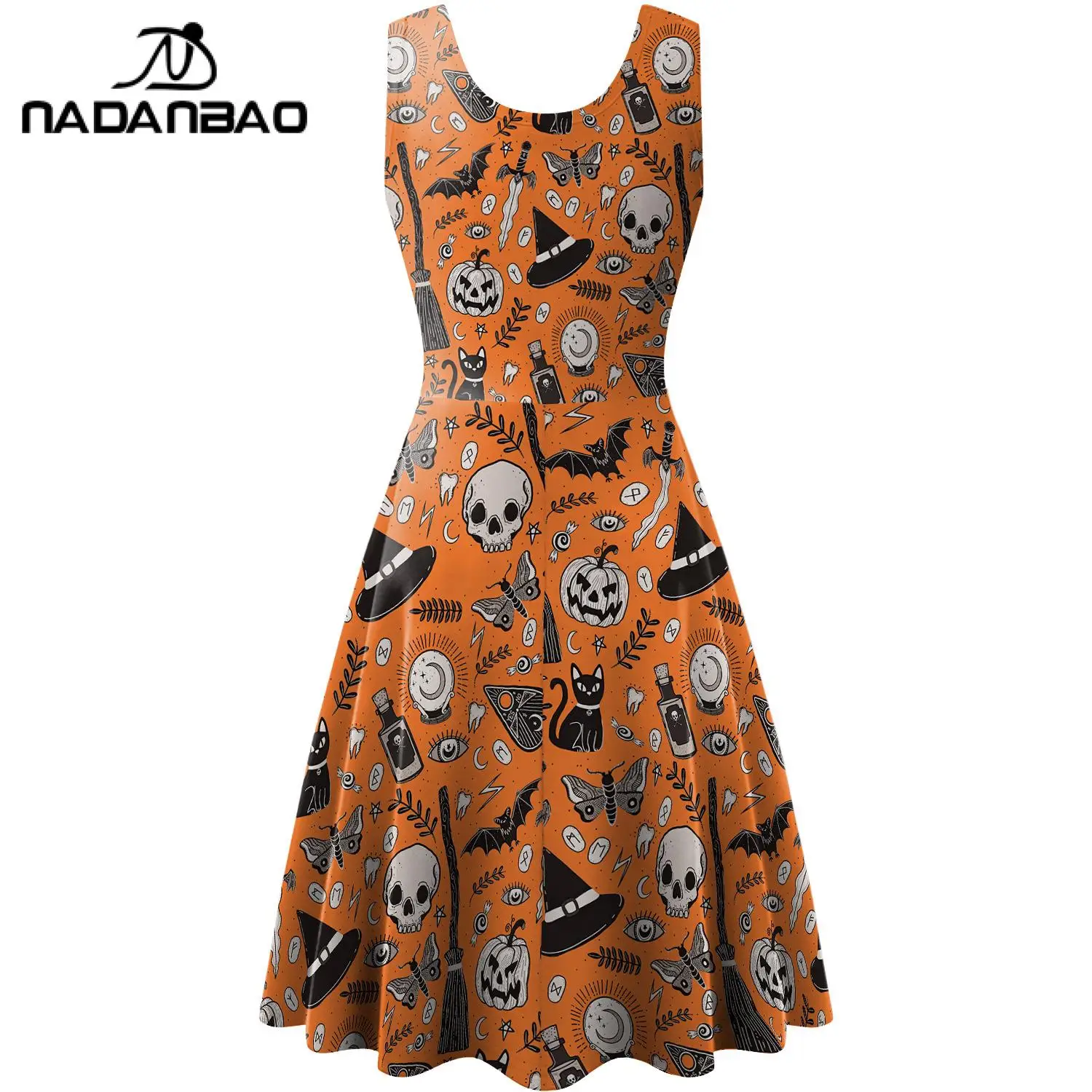 Nadanbao Halloween Holiday Party Funny Dress Women Skull Print Costume Girls Fashion Sleeveless Sexy Backless Dress