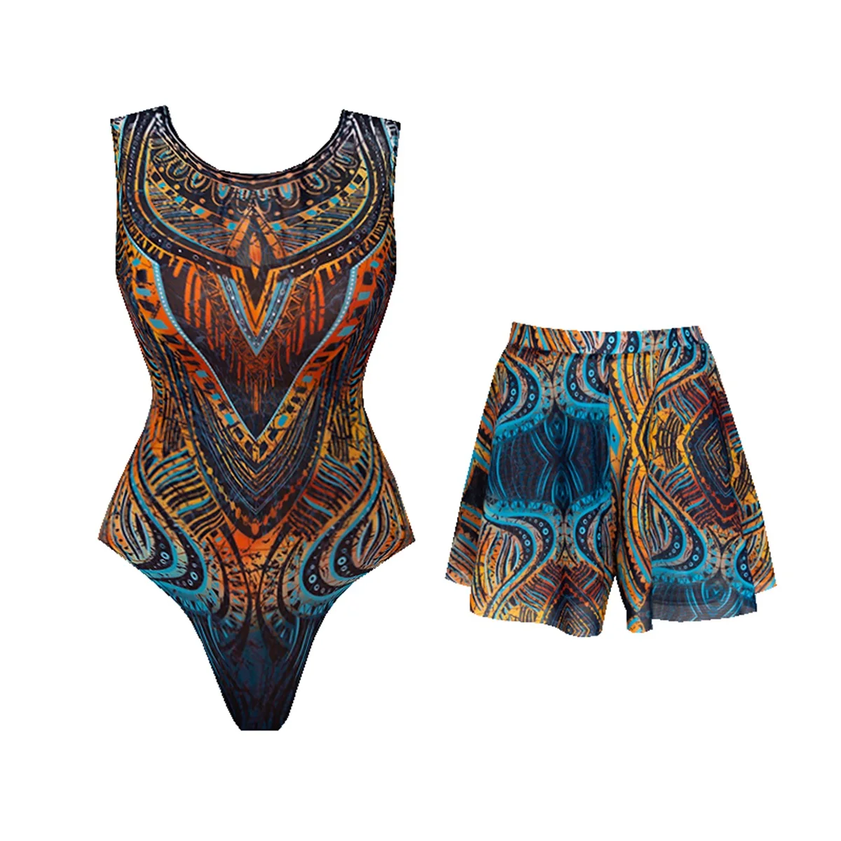 2Pcs Print Swimsuit With Short Pants Sexy Bikini Women Swimwear 2XL Swim Suit Female Mesh Bathingsuit Bodysuit Beachwear Biquini