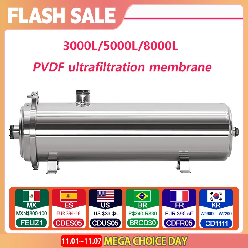 Household water filter 3000L stainless steel PVDF ultrafiltration purifier with washable tube type direct drinking water kitchen