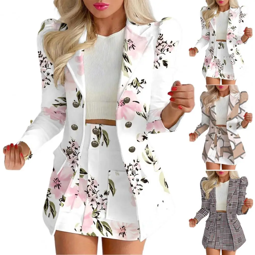 Women Coat Skirt Set Flower Check Print Coat Skirt Set Elegant High Waist Ol Style Suit for Formal Commute Lady Jacket Women