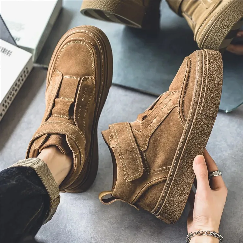 

Men's Suede High-Top Sneakers, Hook-and-Loop Strap Casual Shoes, Retro Platform Skate Shoes for Daily Streetwear & All-Season We