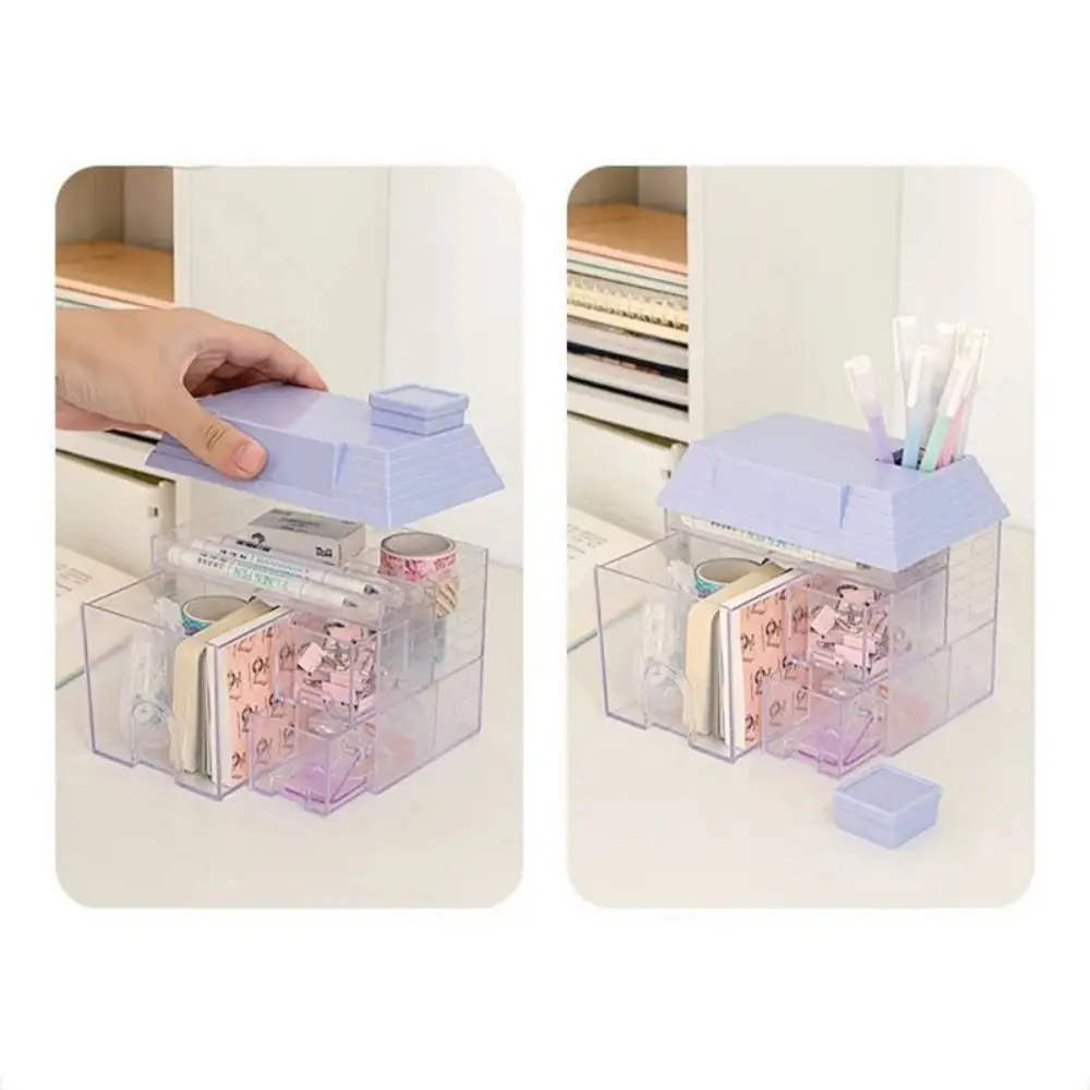 Transparent Desktop Storage Box Visible Multiple Grids Small House Pen Holder Space Saving House Shape Stationery Storage Drawer