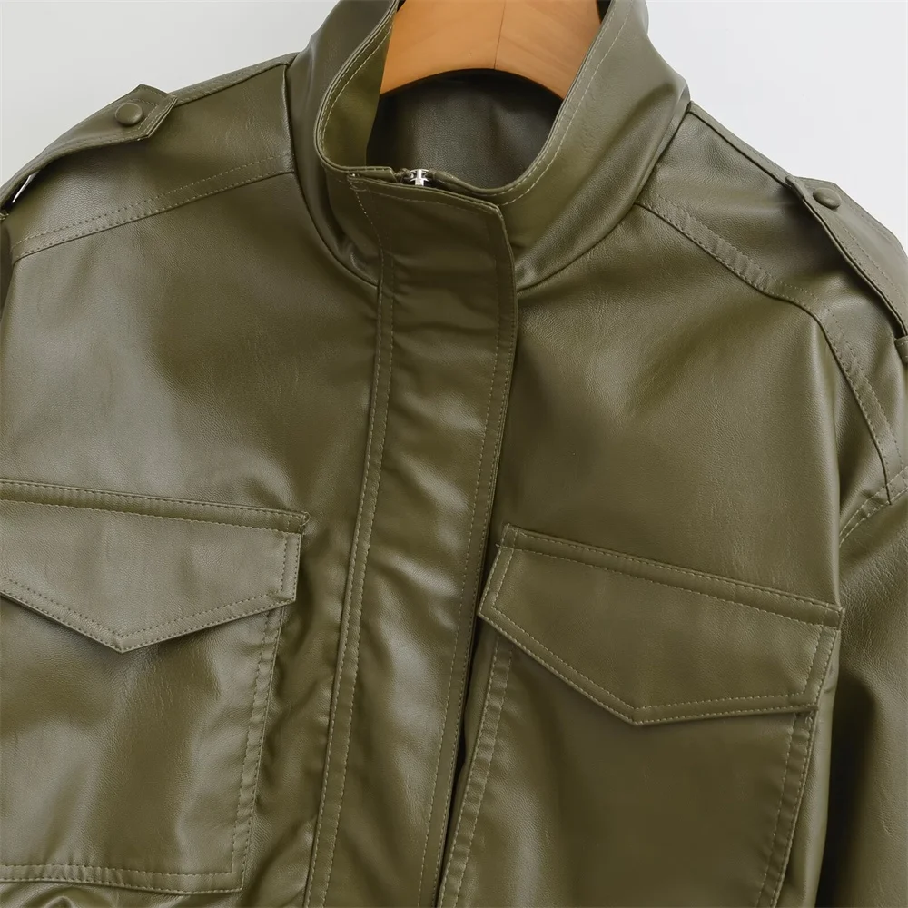 شتاء منتج جديد أزياء المرأة عارضة تنوعا الوقوف طوق كم طويل تقليد الجلود سستة الديكور سترة معطف