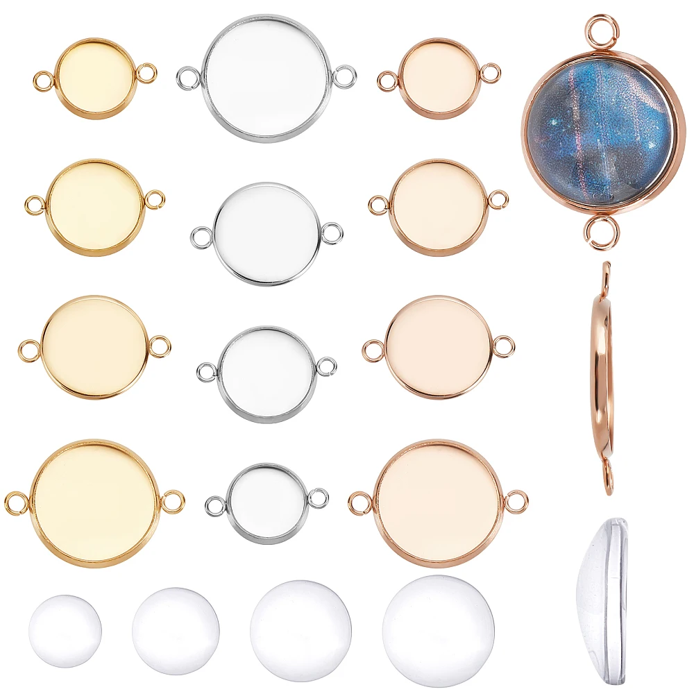 1 Box 48Pcs Stainless Steel Cabochon Settings Kit 4 Sizes Bezel Tray Connectors with Double Loop Flat Round Links Connector