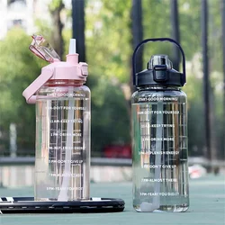 2L Water Bottle with Time Marker, Leak Proof, Non-Slip, Plastic Portable Travel Water Bottle Fitness Cup With Cute Stickes
