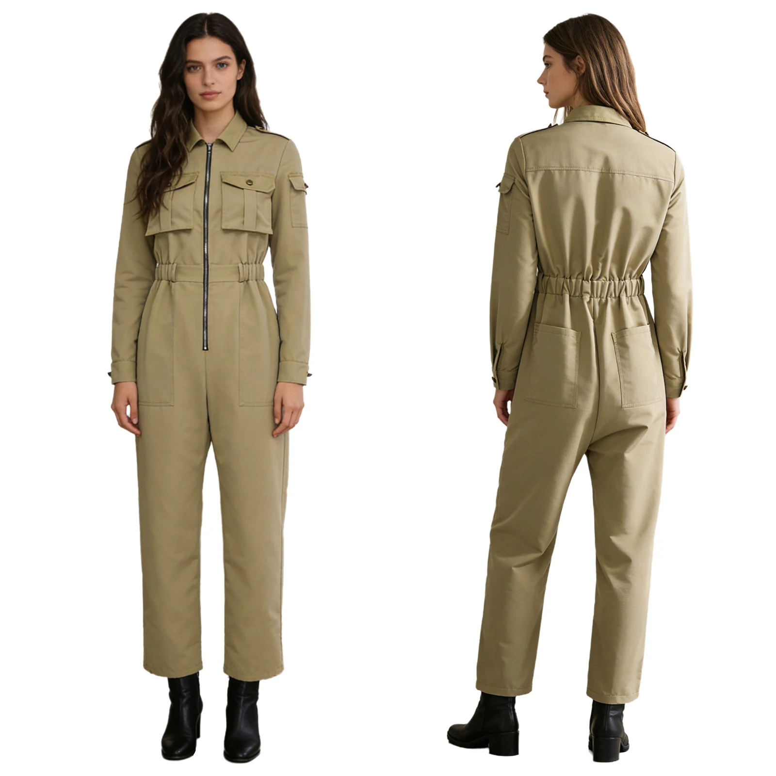 

Women Fashion Casual Coveralls Long Sleeve Zipper Elastic Waist Wide Leg Cargo Pants Jumpsuit with Pockets Streetwear Clubwear