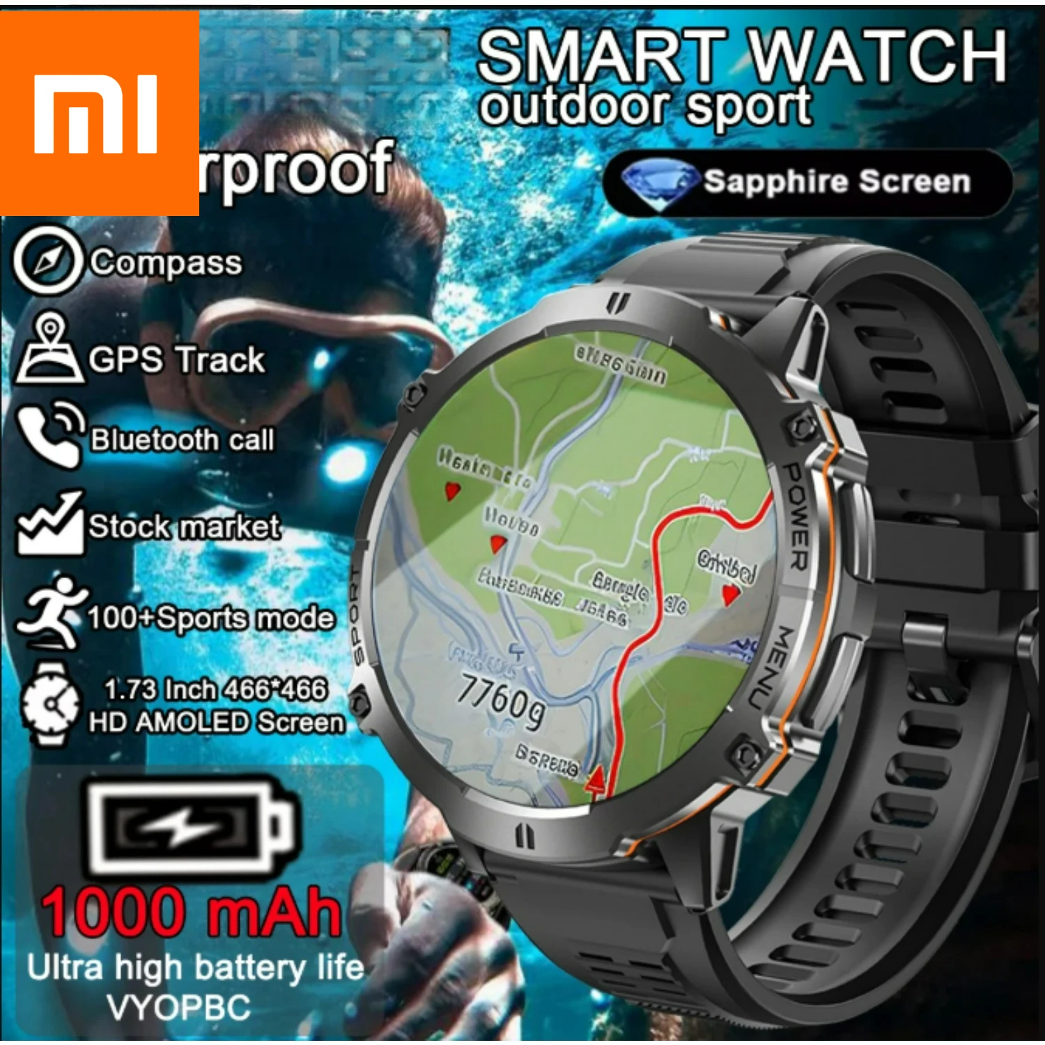 

Xiaomi 2026 спортивные умные часы с аккумулятором 1000 мАч, AMOLED-экран, мужские часы, компас, 10 АТМ, водонепроницаемые умные часы с Bluetooth-вызовом