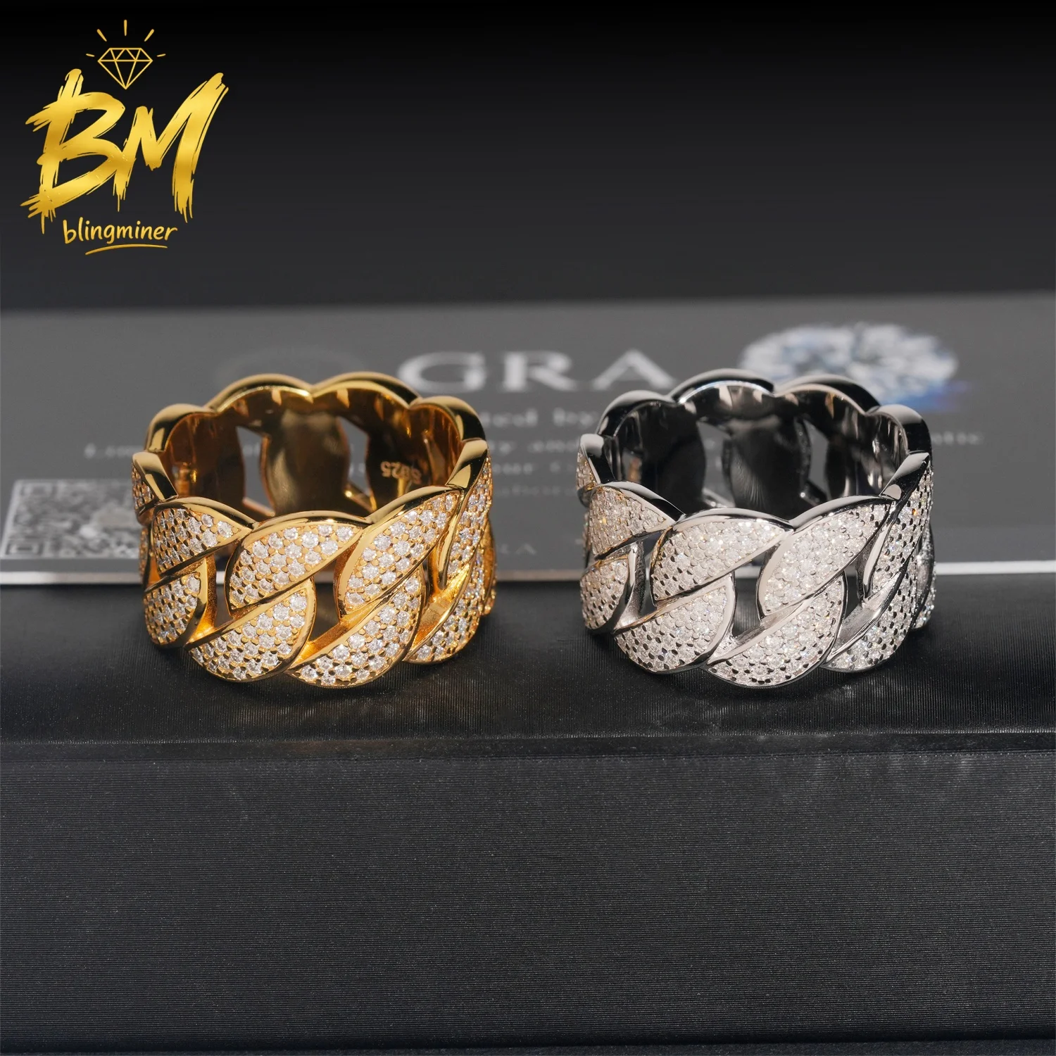 Blingminer Iced Out Cuban VVS Moissanite Rings For Men Women S925 Silver Finger Jewelry Pass Diamonds Tester Free Shipping