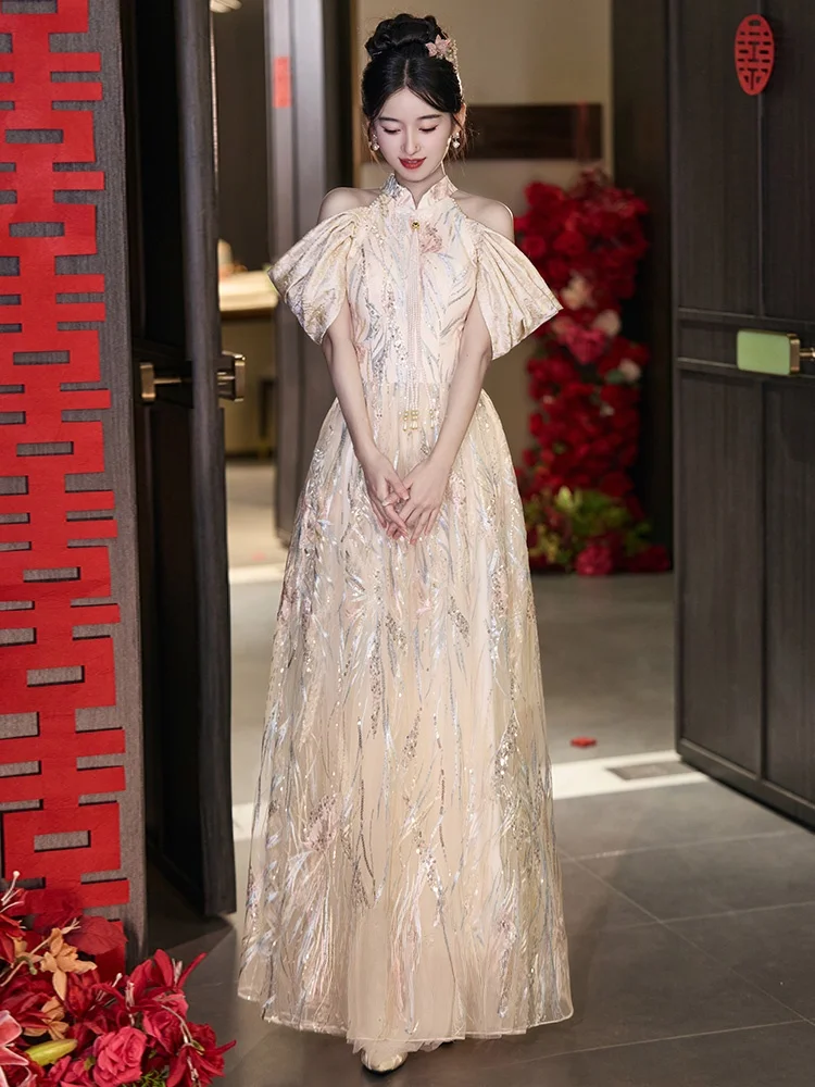 

Новое китайское свадебное платье Ele Neline для женщин: блестящие пайетки, юбка миди с завышенной талией