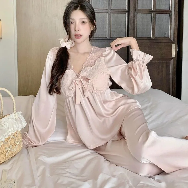 New Pajamas with Chest Pad Women Spring and Autumn Ice Silk Long Sleeve Pants Summer Anti-convex Point Thin Home Wear Comfort