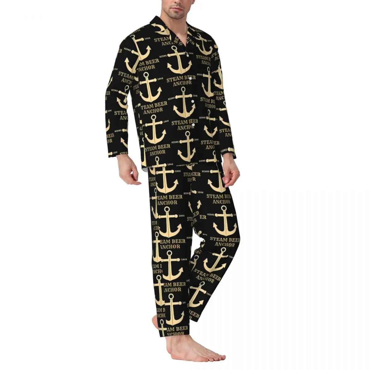 Gold Anchor Steam Sleepwear Autumn Since 1896 Vintage Oversize Pajamas Set Man Long Sleeves Comfortable Sleep Design Nightwear