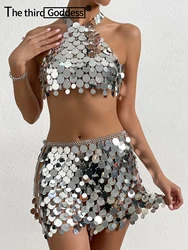 Sexy backless Metal Sequin slip Summer Dress women glitter beach Club party dress see through mini bodycon dress sets vestidos