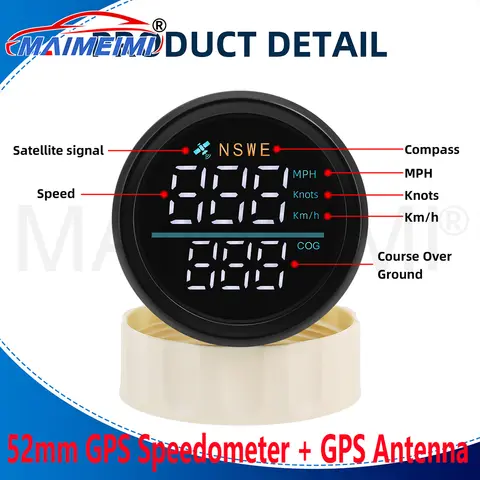 52mm GPS 속도계 게이지 (GPS 안테나 포함, 녹색/빨간색/흰색 백라이트, MPH, Knot, Km/h 표시, COG 속도계 기능)