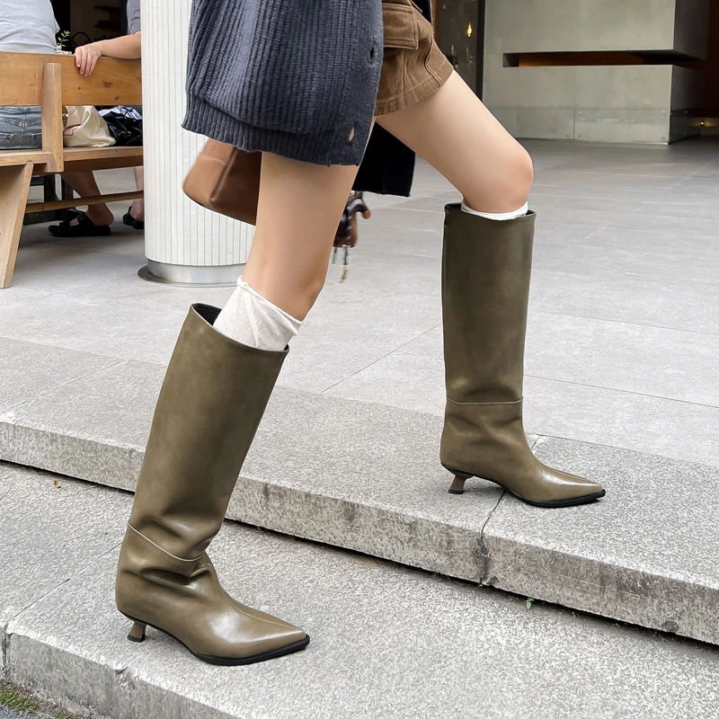 2026 New Fashion Real Leather Boots for Women Knee High Kitten Heels Winter Shoes Wide Calf Sexy Long Tall Boots Size 34-40