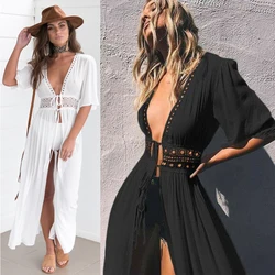 Kadın yaz elbisesi 2024 Lady dantel Boho plaj mayo Bikini Cover Up dantel-up uzun bluz güneş koruma hırka oymak