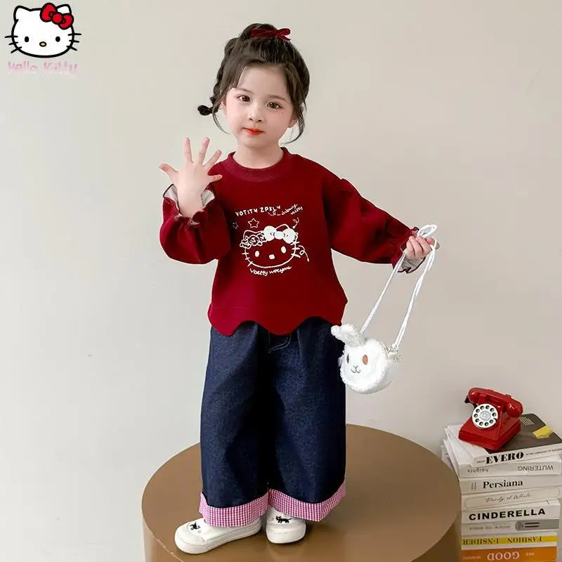 

Girl Hello Kitty Long Sleeve Sweater Straight Pant Set Cartoon Kawaii New Anime Spring Autumn Sanrio T Shirt Denim Wide Leg Pant