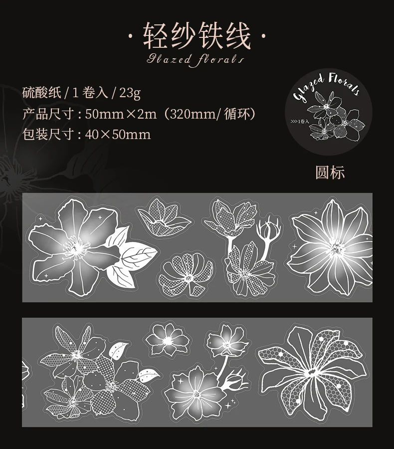 Journal GO 5cmx2m Weißes Blumen-Klebeband mit Tintenmuster, Pergamentpapierband für Journaling, Scrapbooking, Planer, Basteln, Papierwaren – Detail 18