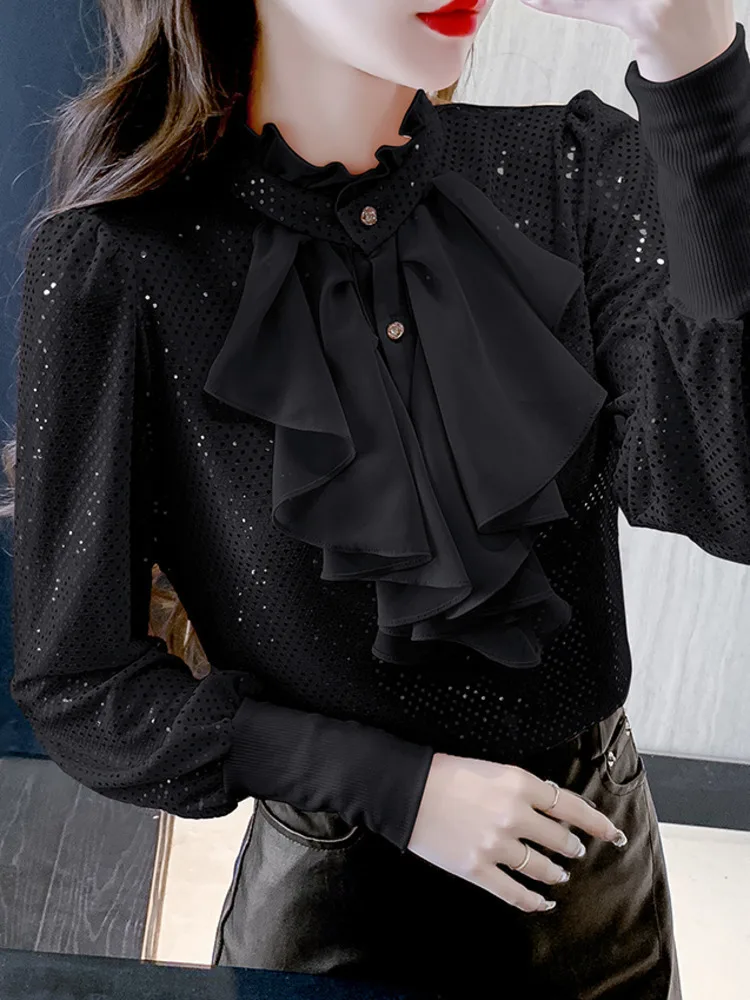 #3130 Black White Pink Sequined Shirt Stand Ruffled Collar Office Blouse Femme Long Sleeve Slim Spliced Ruffles Women Blouses