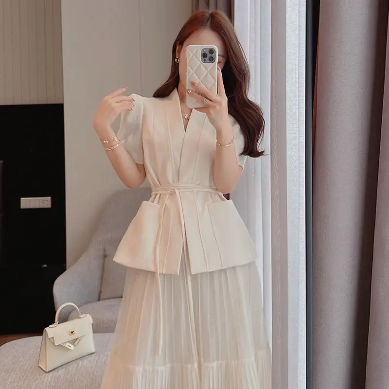 

2025 Spring Two Piece Sets Korean Style Bodycon Temperament V Short Sleeve Suit Jacket Belt Waist Slim A Line Pleated Skirts