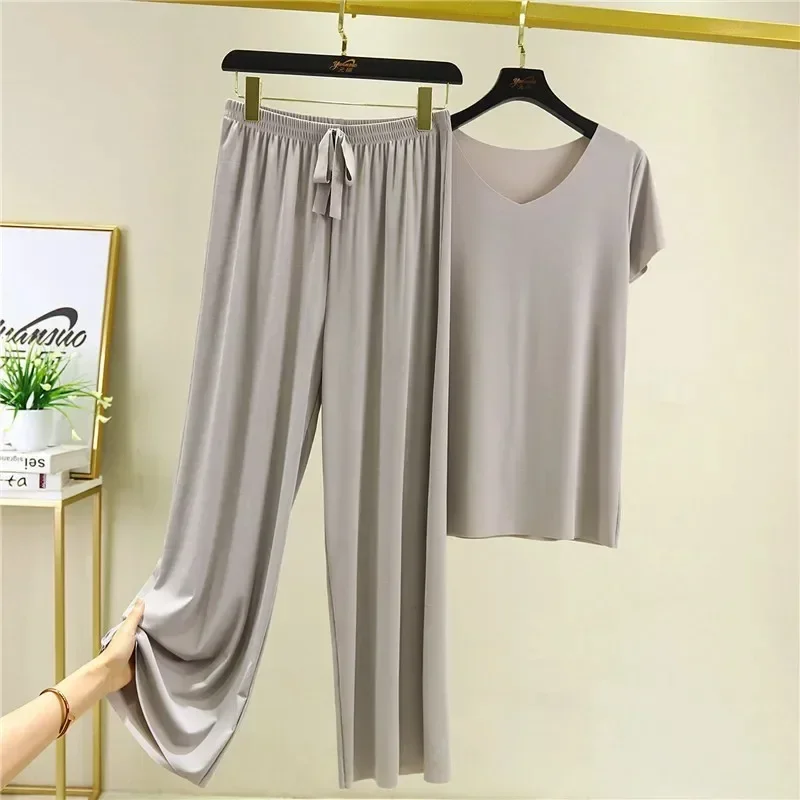 Women\'s Pajamas 2 Piece Loose Pants Set Solid Color Casual Plus Size 2X Sleepwear Short Sleeve Simple Homewear