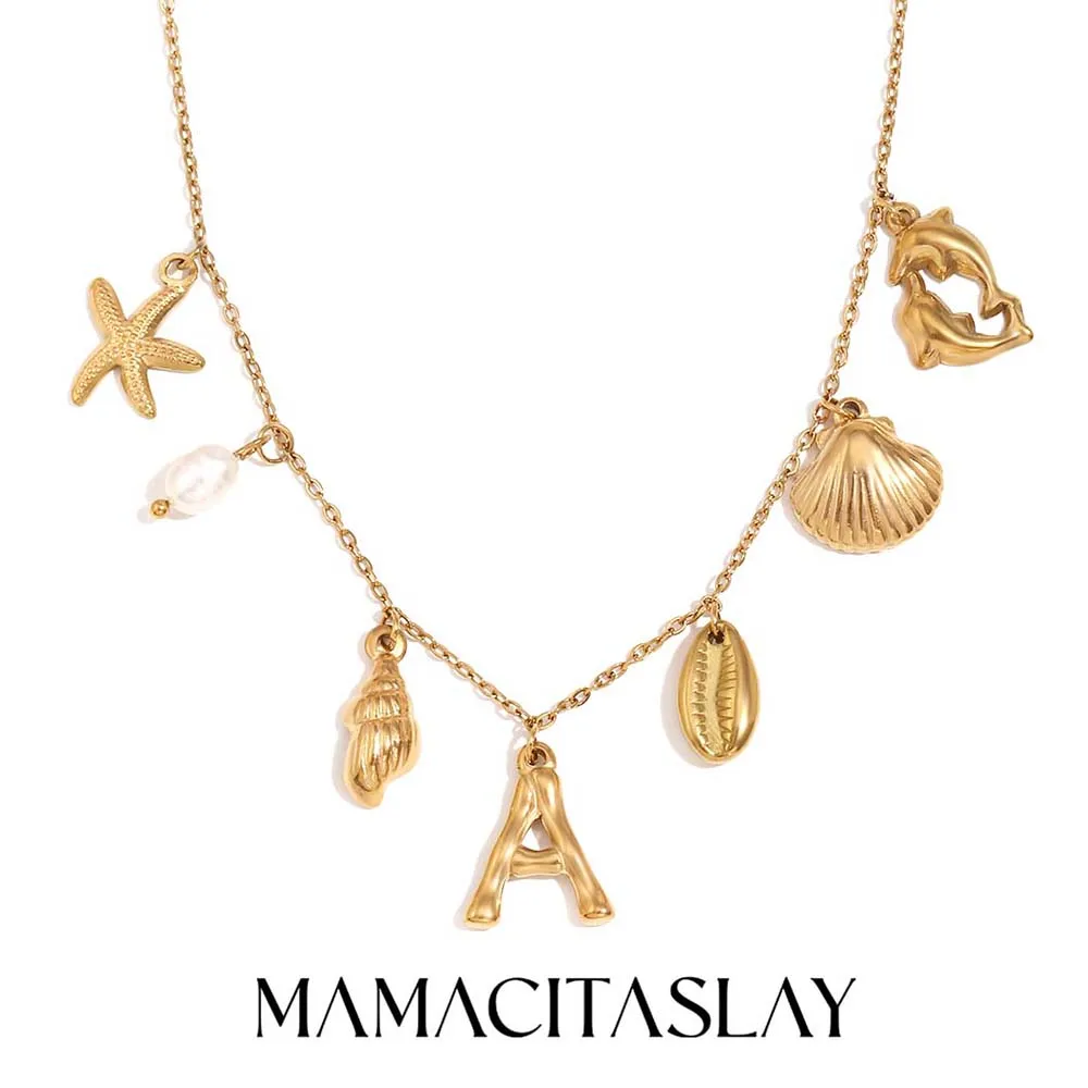 MamacitaSlay New Trendy Starfish Conch Scallop Initial Letter A Pendant Women's stainless steel necklace Jewelry on the neck