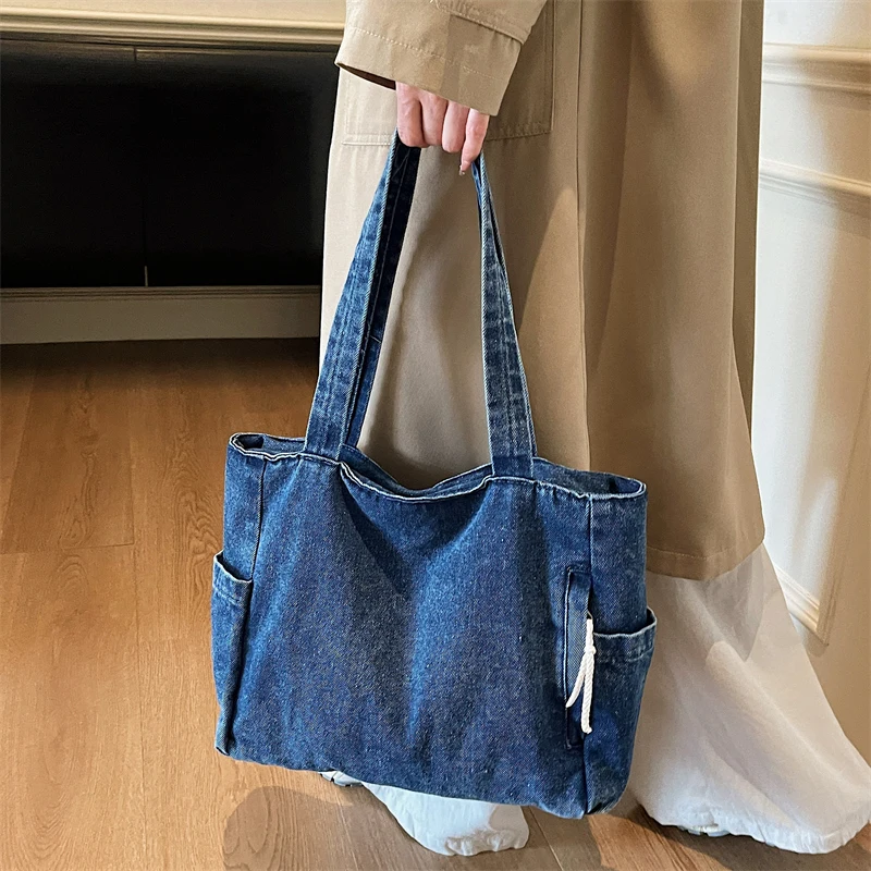 New Washed Denim Casual Women Shoulder Bag Large Capacity Daily Versatile Shopping Bag Solid Color Simple Ladies Handbags