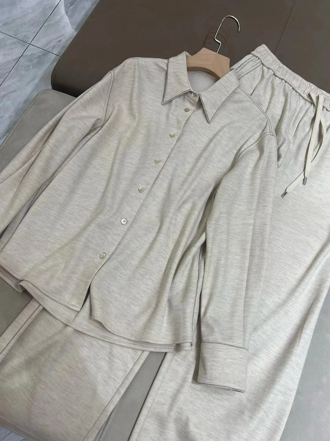 Autumn B*C Women\'s Wool Loose Casual Shirt Suit + Straight Wide-leg Trousers Two-piece Set Drawstring pants