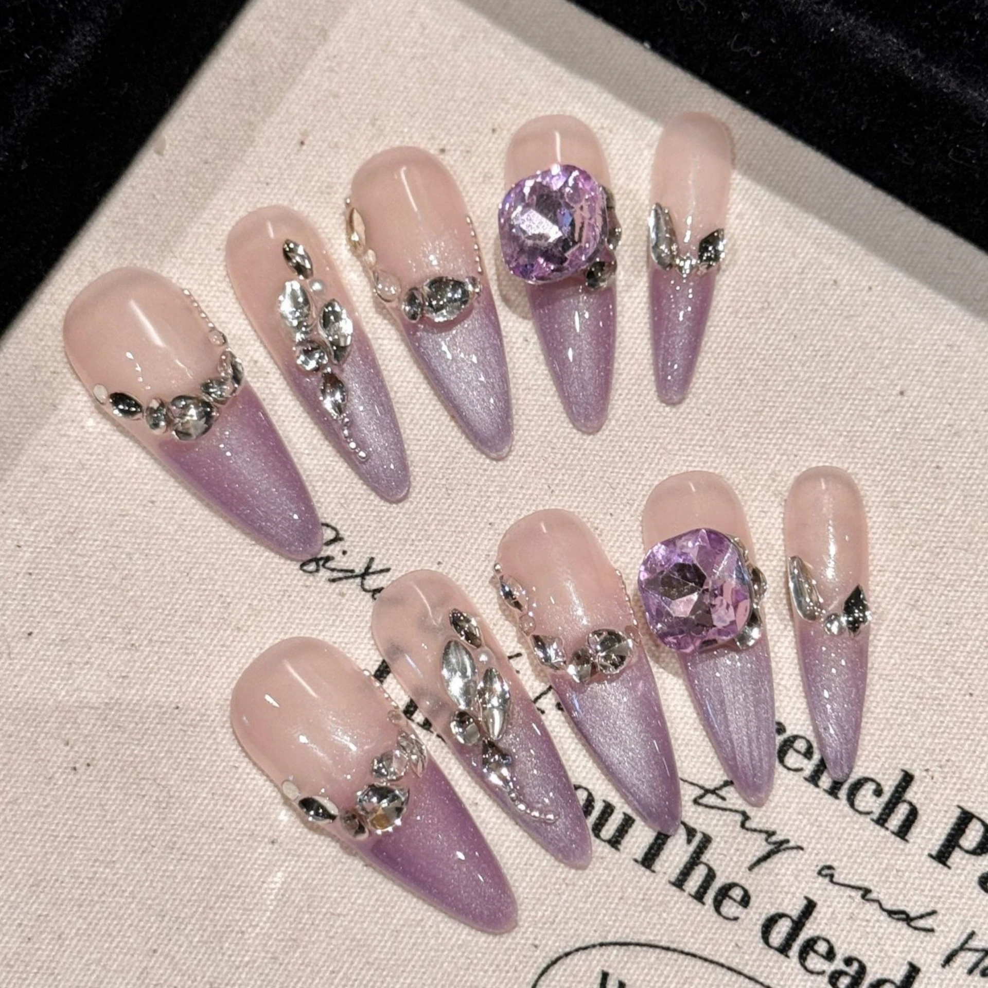 Glitter Purple Press On Nails Long Pointed Handmade Fake Nail Patches With Glossy Diamond Decors Ballet Wearable Manicure Art