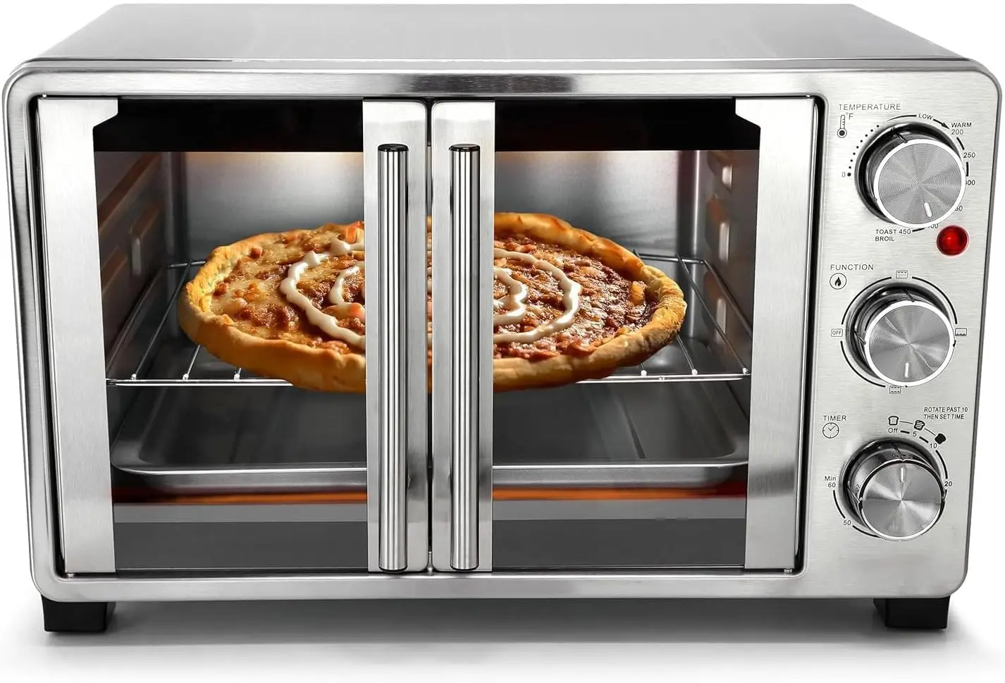 Stainless Steel French Door Countertop Toaster Oven, 26-Quart Multi-Function Electric Oven with Adjustable Temperature and 60-Mi