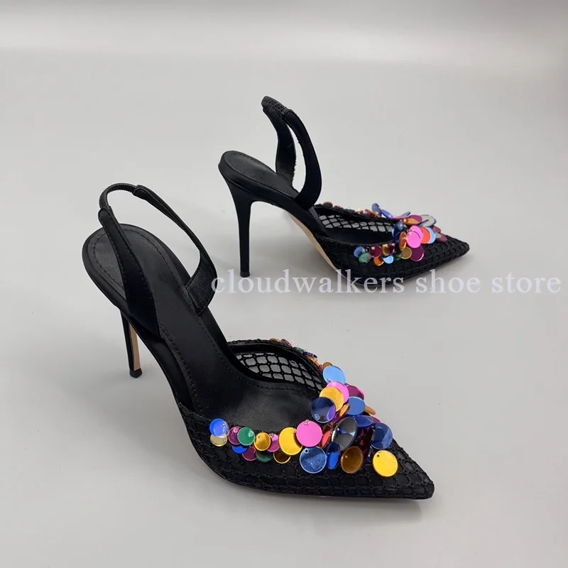

Women's Hollow Breathable Mesh Point Toe Colorful Bead Embellishment Sandal Fashion Slingback Slip On Back Strap Stiletto Sandal