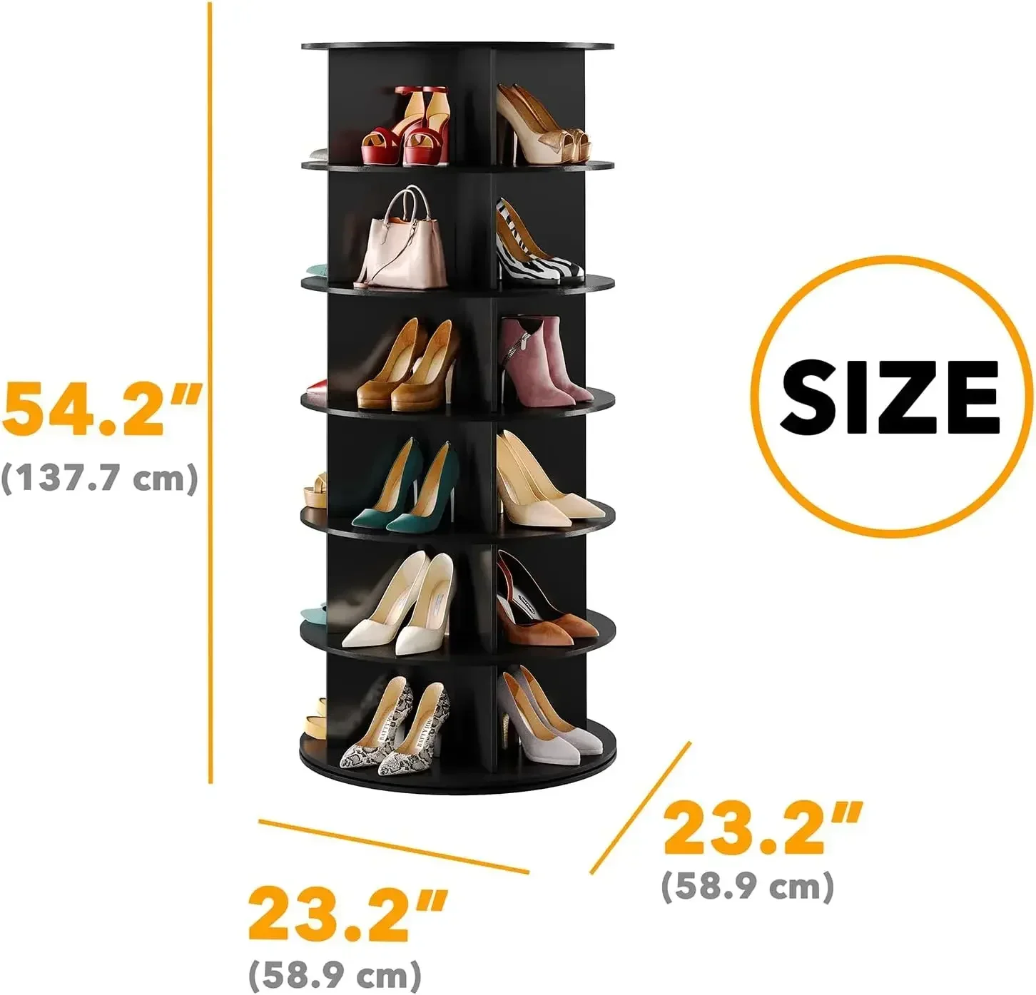 Black 6-Tier Spinning Rotating Shoe Rack Organizer, Shoe Display Tower Lazy Susan, Revolving Shoes Rack StorageOrganization