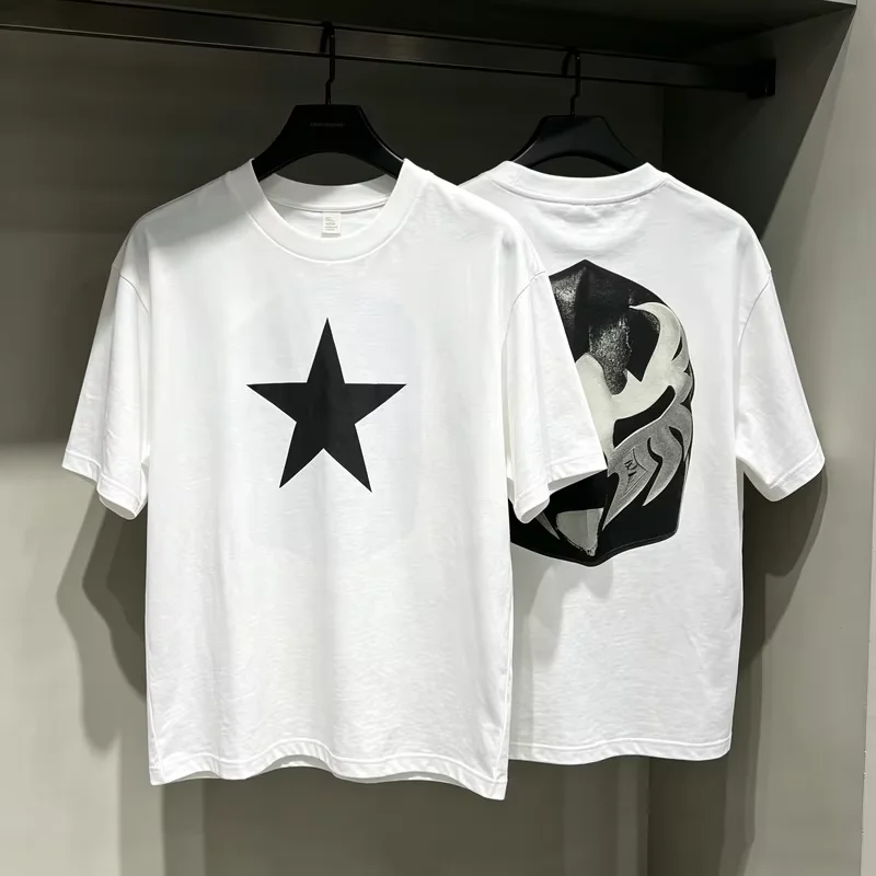 2026 Chest Five-pointed Star Embroidery T-shirt Black Mask Graphic Unisex Short Sleeve Loose Streetwear Cotton Tops