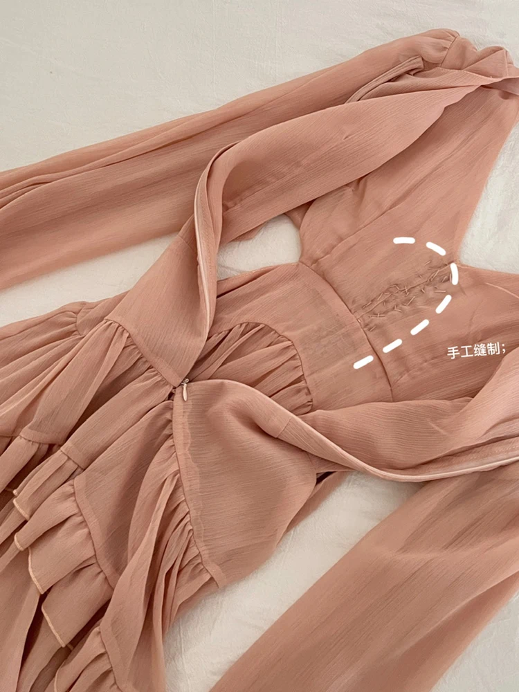 Korean Fashion Chiffon Dresses Women V Neck Long Sleeve Hollow Out High Waist Dress Elegant Party Mini Dress Short Pink Dress