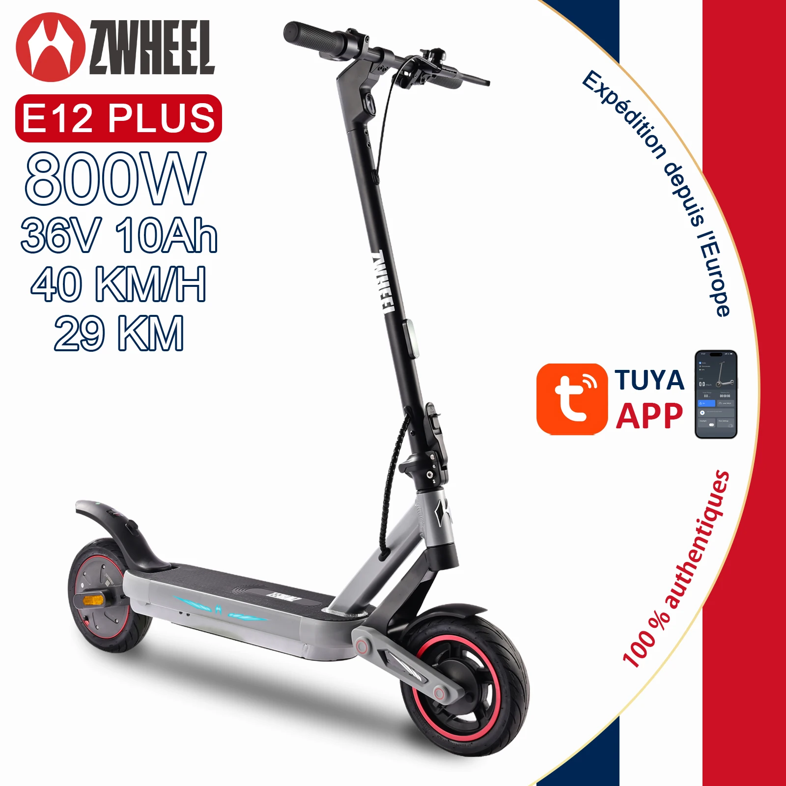 Image of ZWHEEL E12 PLUS, faltbarer E-Scooter, 800W Motor, 36V Akku, max. 40 km/h, 30 km Reichweite, Stoßdämpfung, Blinker, 10-Zoll-Straßenreifen, schweißfester Griff, APP-Steuerung, leicht, tragbar,