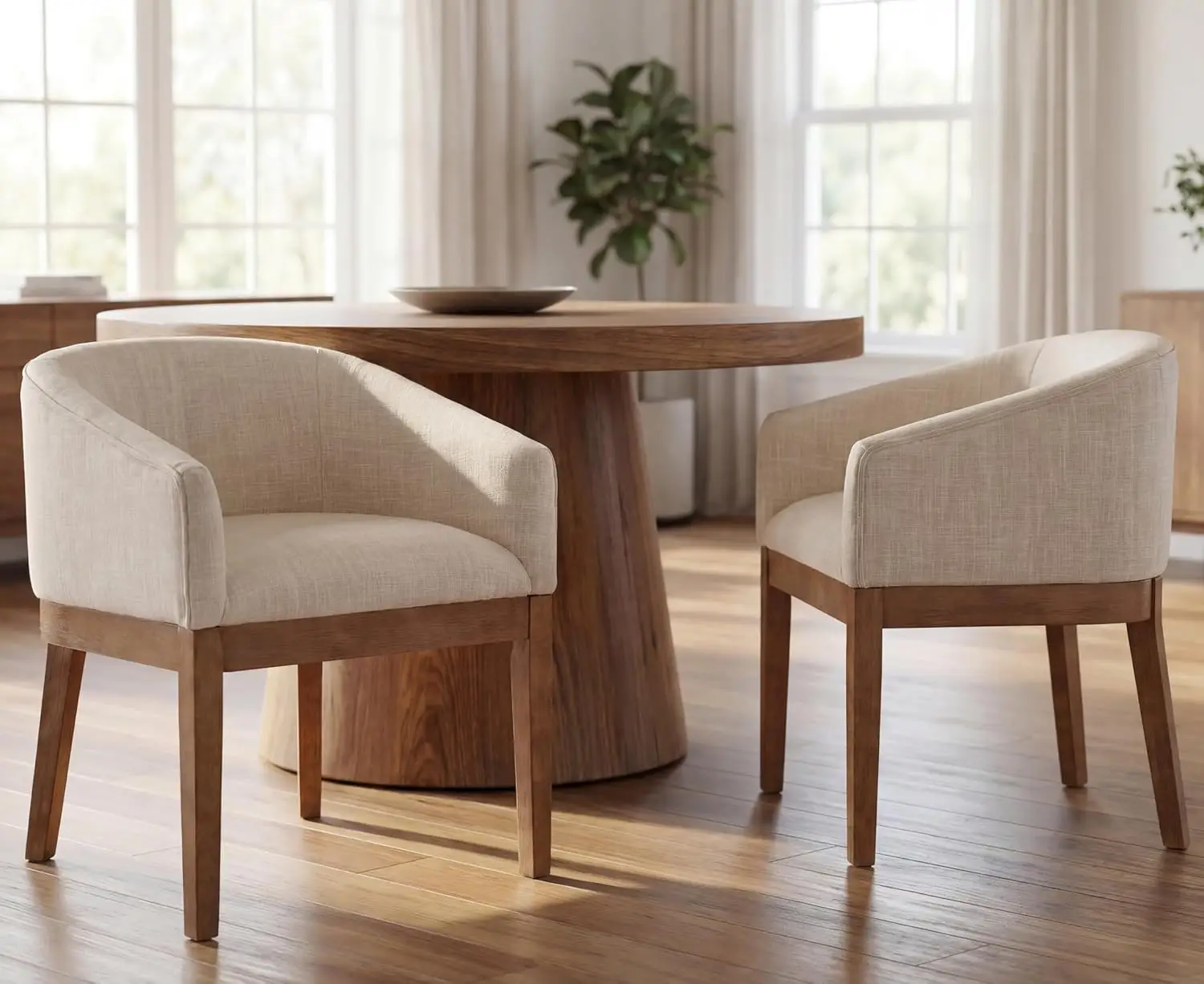 Beige Dining Chairs Set of 2 Mid-Century Modern Dining Chairs, Linen Upholstered Kitchen Dining Room Chair Curved, Customized