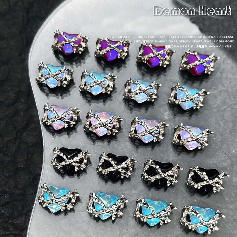 10Pcs Love in Thorns Nail Art Charms 3D Alloy Locking Heart Design Aurora Crystal Nail Ornaments Retro DIY Manicure Accessories