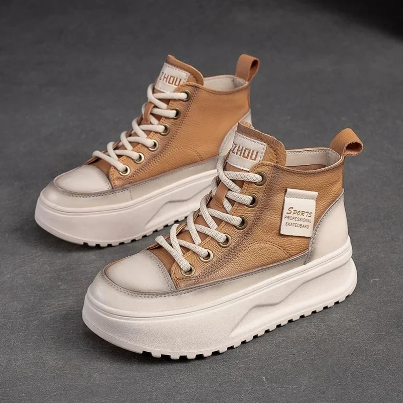 2025 حجم 35-40 النساء بوط من الجلد الطبيعي جولة تو منصة كعب السيدات أحذية أنيقة ربيع الخريف أحذية رياضية #6