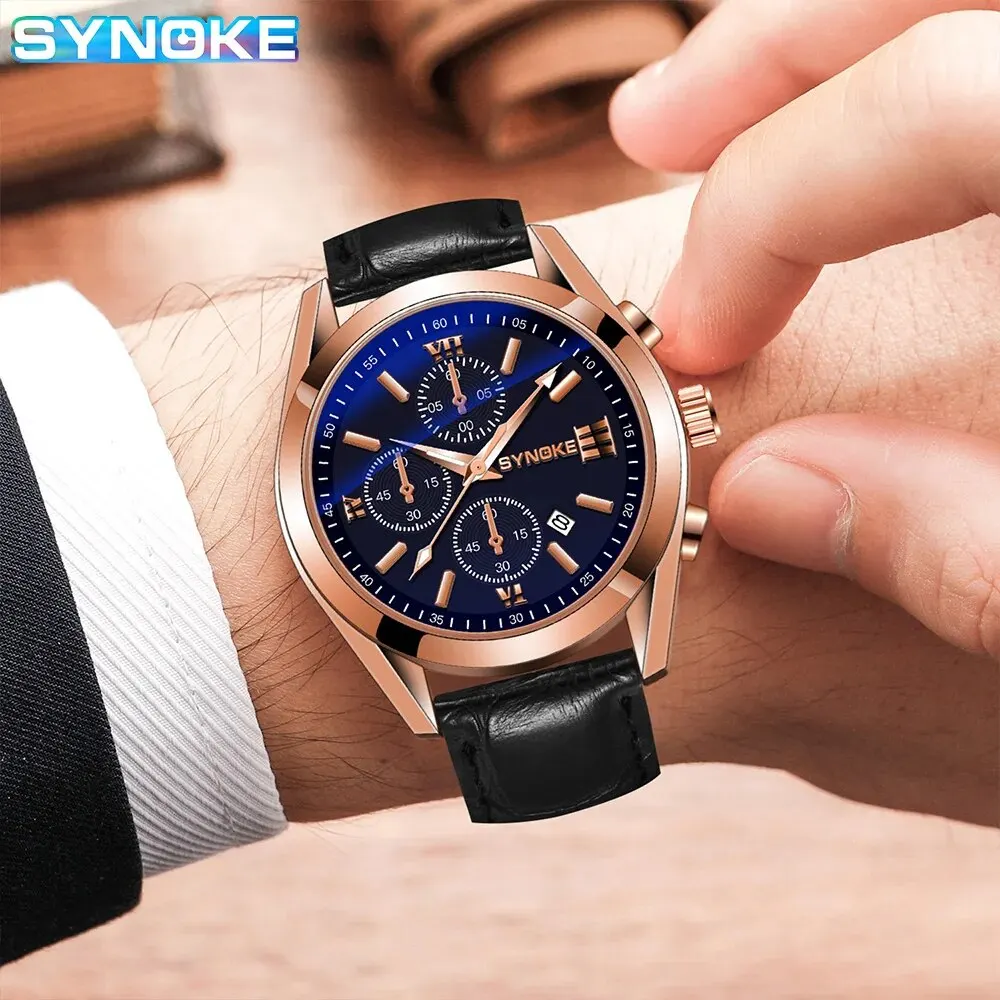 SYNOKE Fashion Business Men Leisure Non-Mechanical Belt Alloy Men Watch Night Glow Waterproof Calendar Quartz Watch