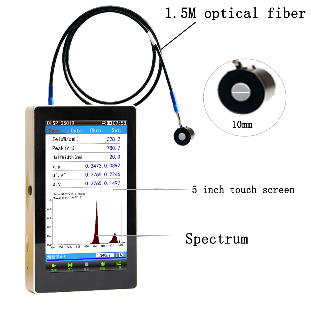 380nm-1050nm customized OHSP350IR mW/cm2 Spectrometer with 1.5m Optical Fiber and sensor